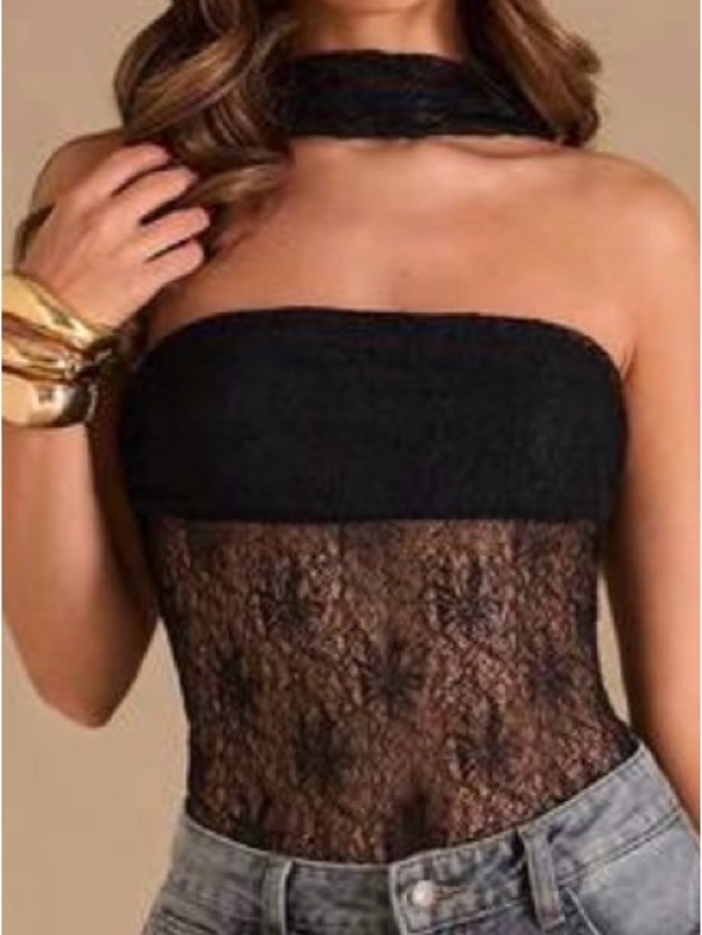 Rainbow Black Lace Strapless Bodysuit with Choker